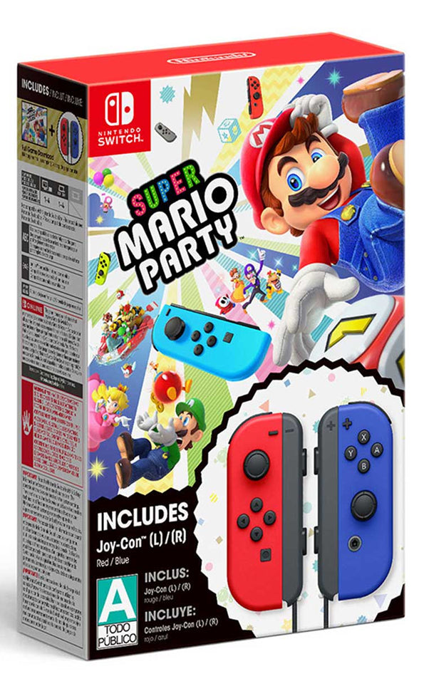 NINTENDO SWITCH SUPER MARIO PARTY + BUNDLE CONTROLES JOY CON L R AZUL Y ROJO NEON